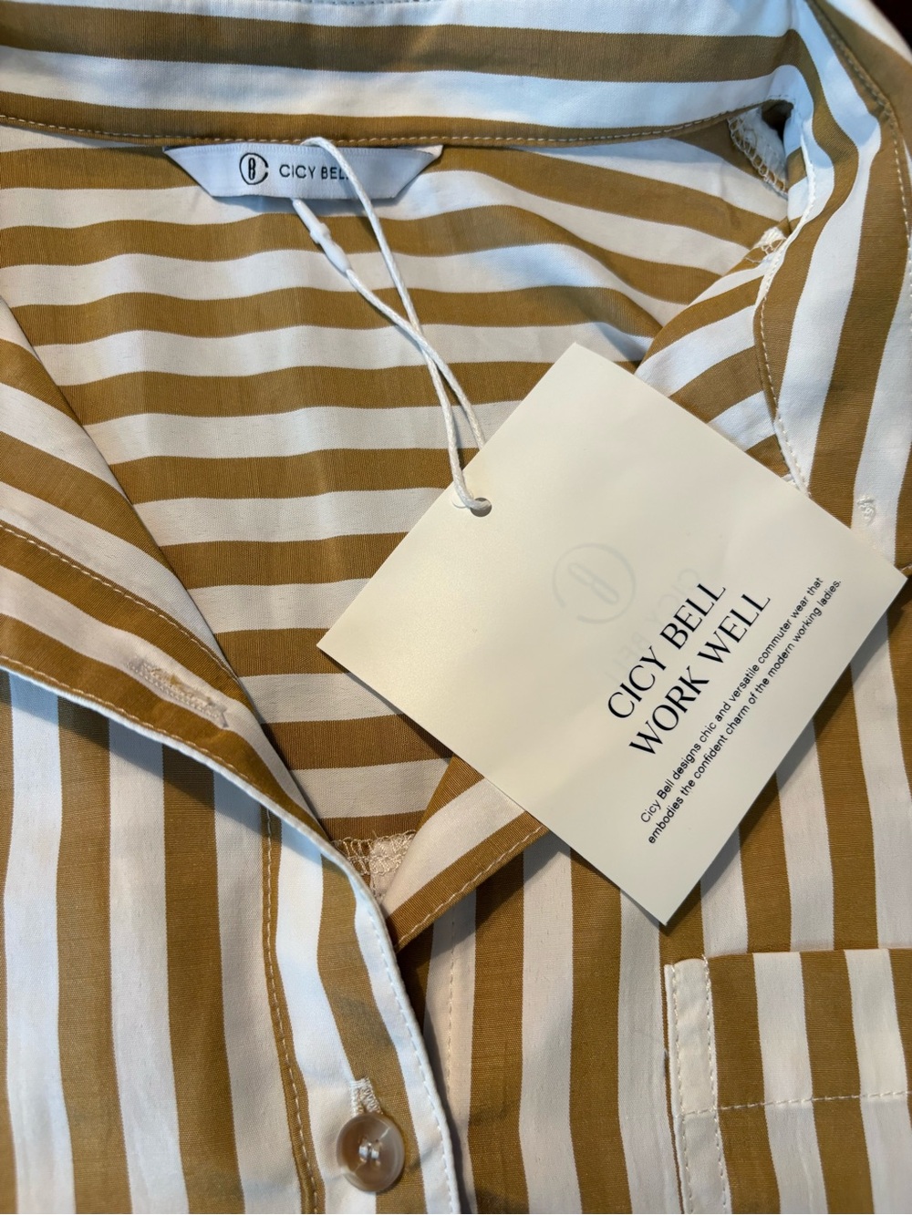 Cicy Bell NWT Striped Button-Front Ruffle Hem Top - Tan & White - Picture 6 of 10